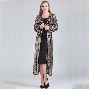 Elegant Black & Gold Women's Long Sequined Cardigan